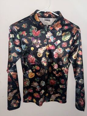 Cheryl Black Floral Long Sleeve Button Polo